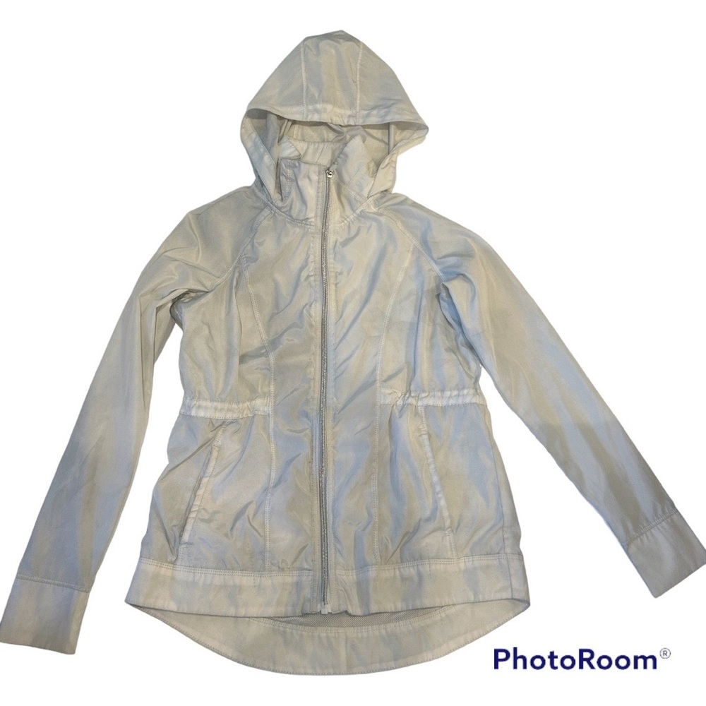 Alana white lined wind breaker work out jacket hood zipper front lined